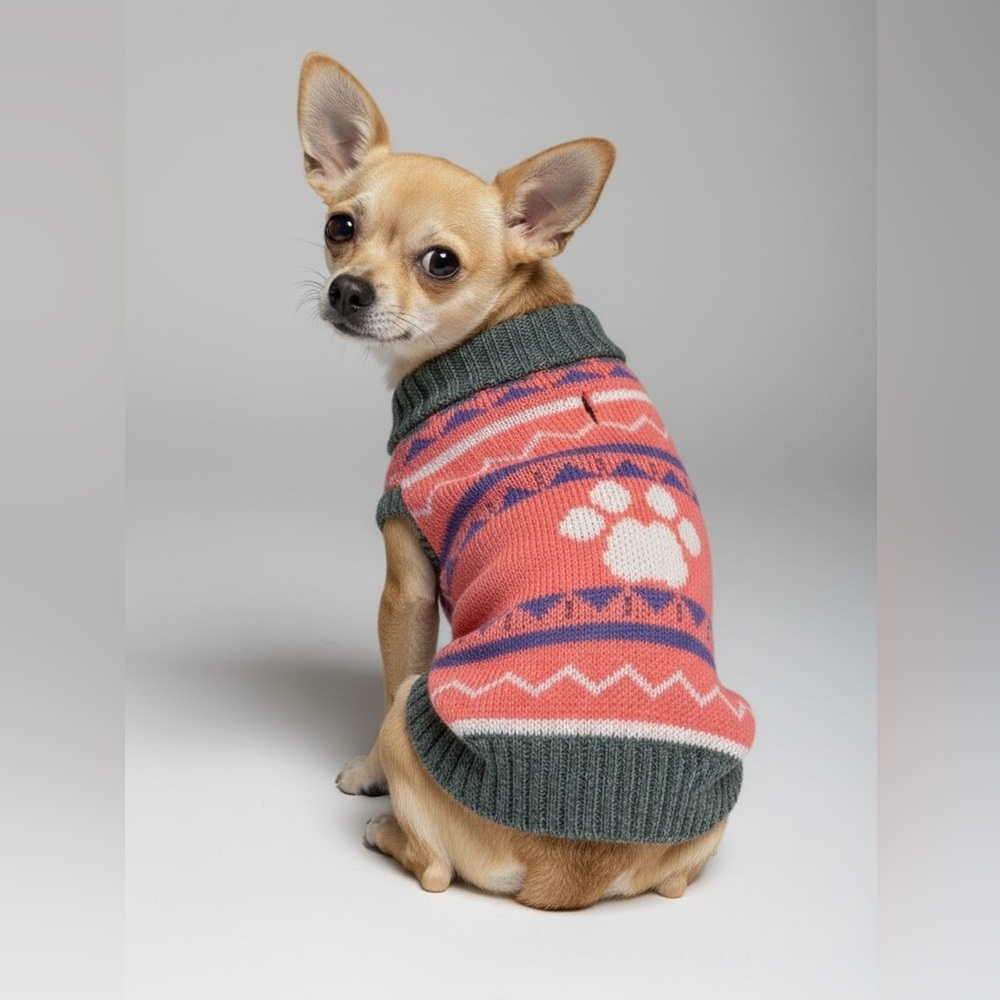 Pink and Gray Knit Dog Sweater with Paw Print